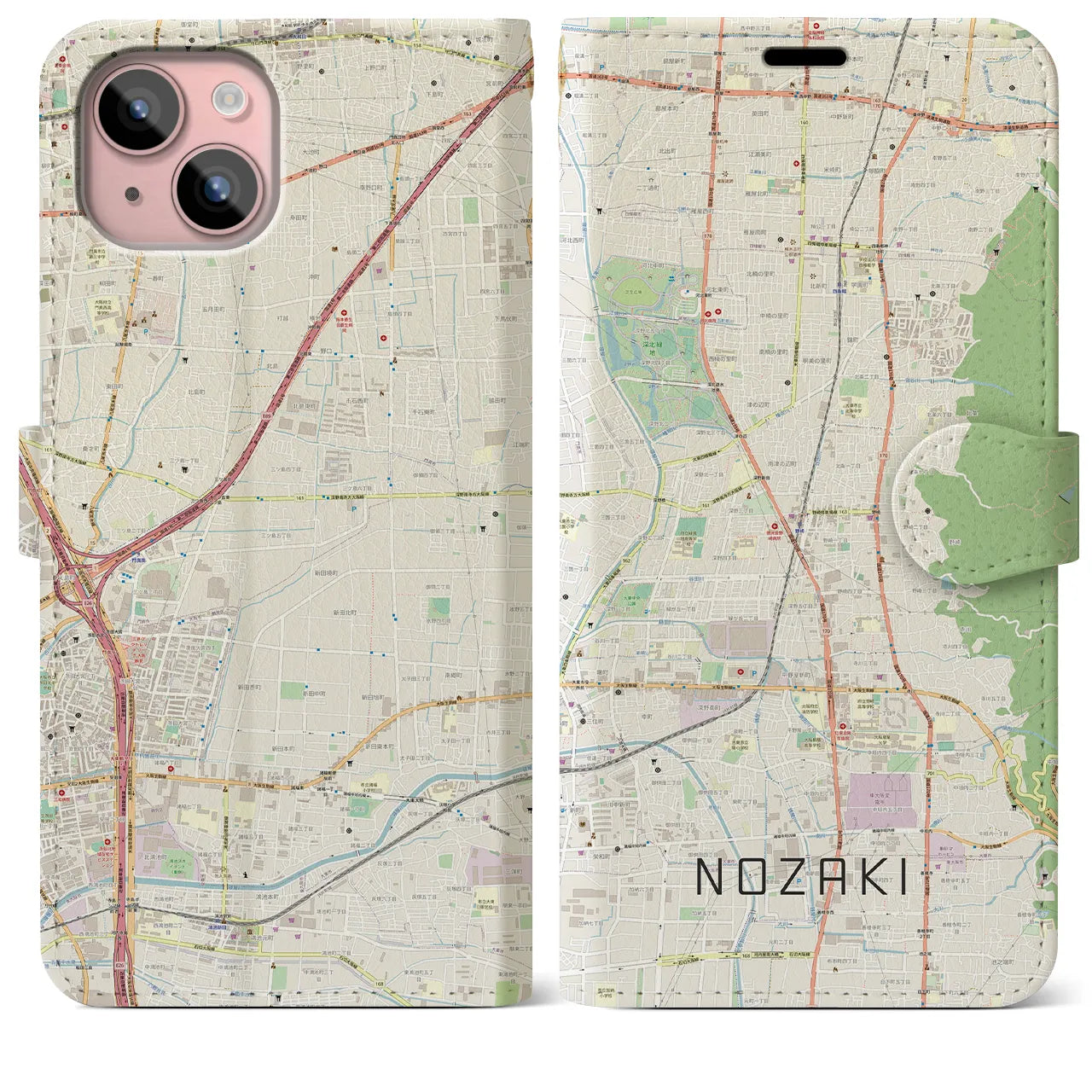 【野崎(大阪府)】地図柄iPhoneケース(手帳タイプ)ナチュラル・iPhone 15 Plus 用