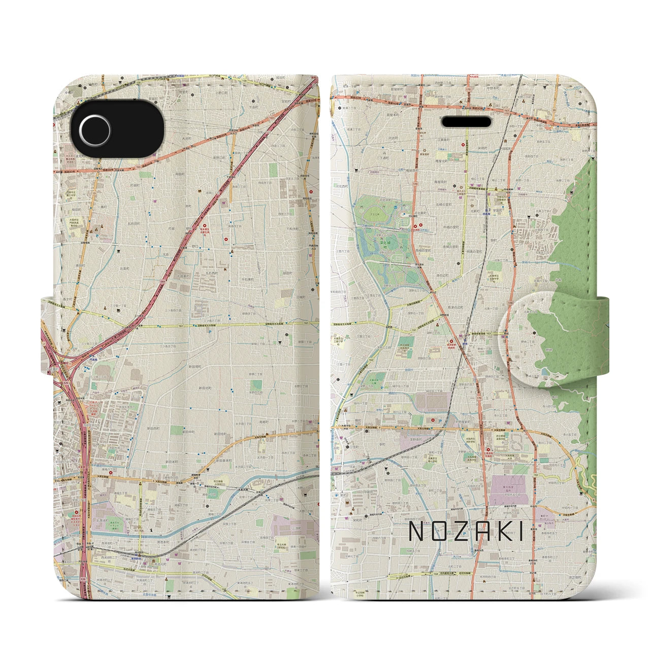 【野崎(大阪府)】地図柄iPhoneケース(手帳タイプ)ナチュラル・iPhone SE(第3 / 第2世代) / 8 / 7 / 6s / 6 用