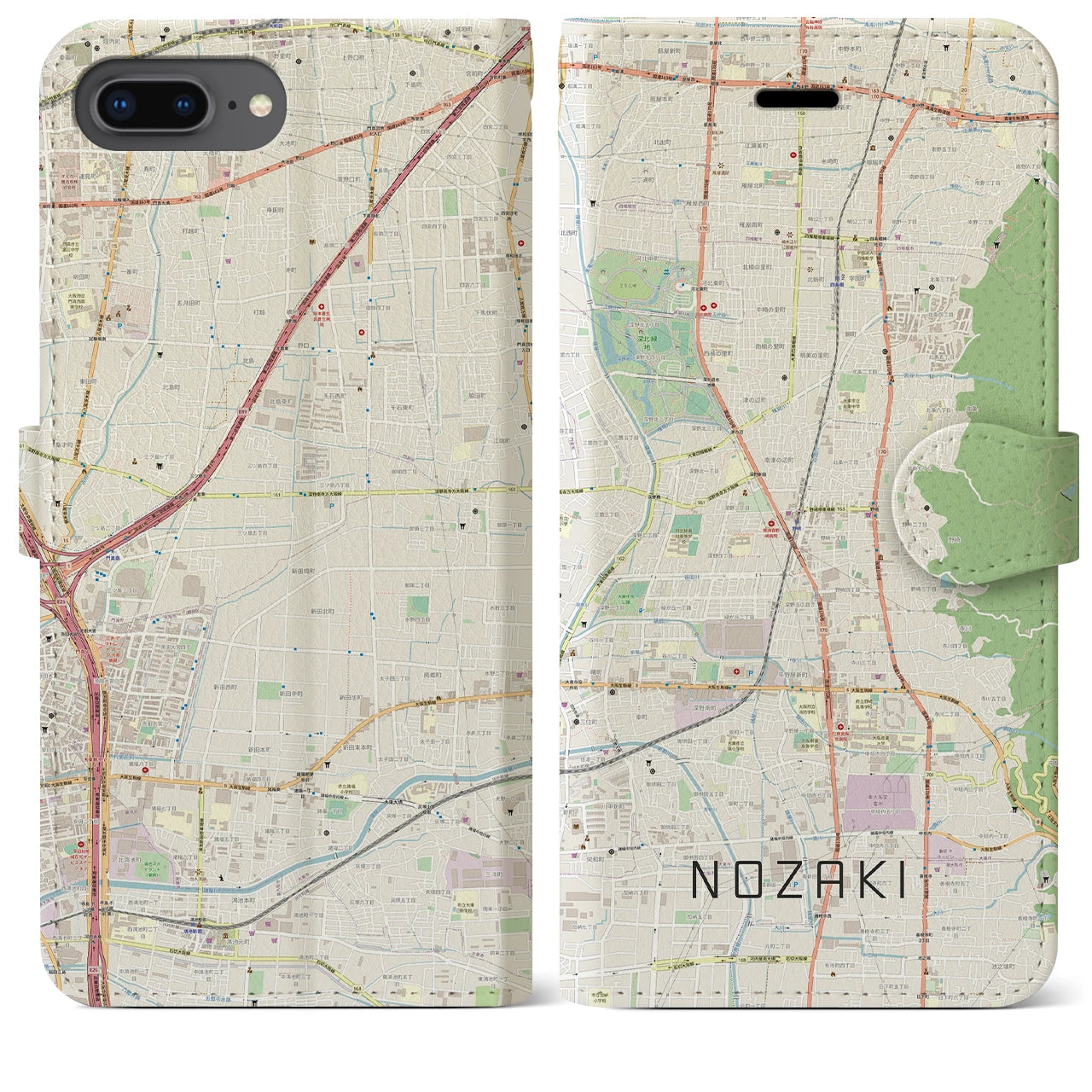 【野崎(大阪府)】地図柄iPhoneケース(手帳タイプ)ナチュラル・iPhone 8Plus /7Plus / 6sPlus / 6Plus 用