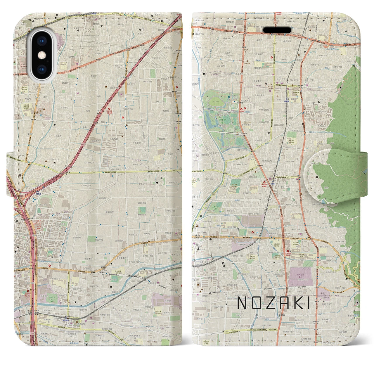【野崎(大阪府)】地図柄iPhoneケース(手帳タイプ)ナチュラル・iPhone XS Max 用