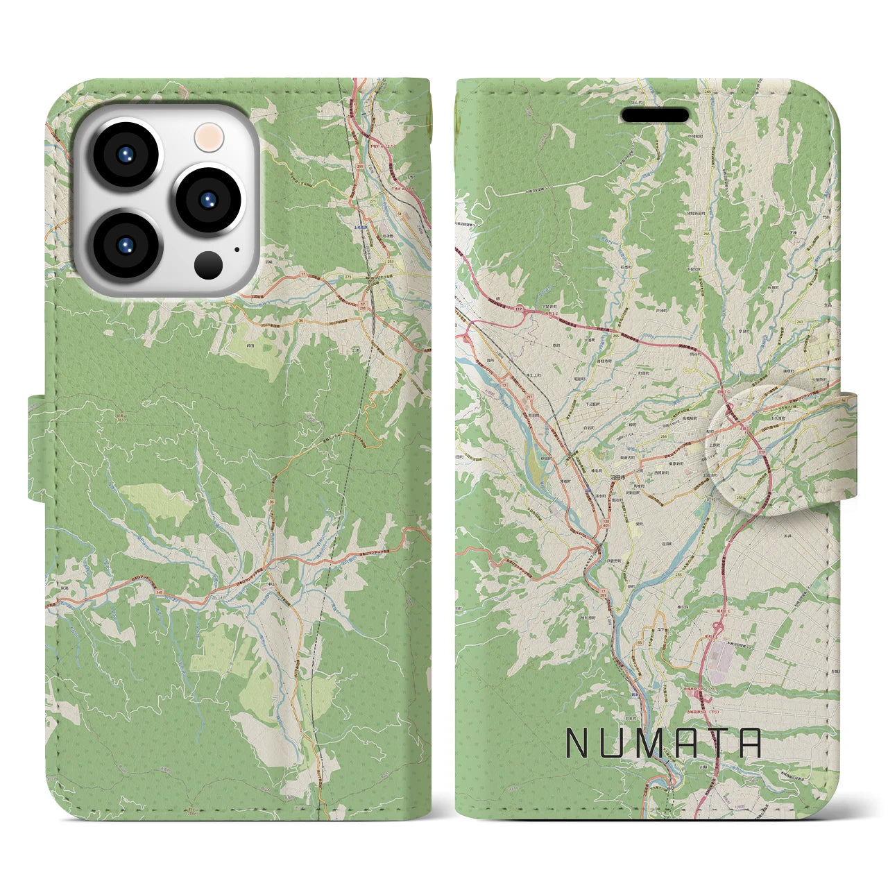 【沼田(群馬県)】地図柄iPhoneケース(手帳タイプ)ナチュラル・iPhone 13 Pro 用