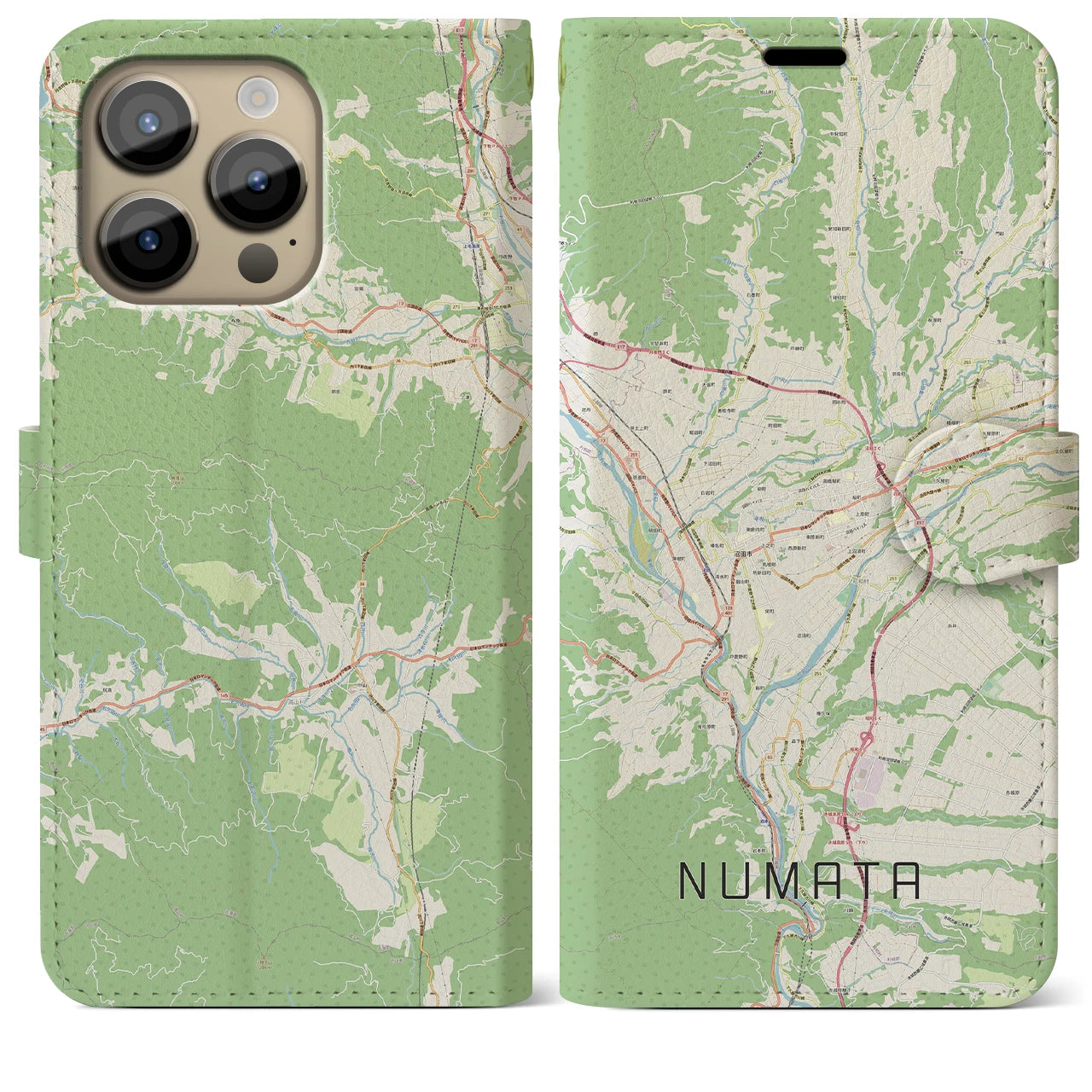 【沼田(群馬県)】地図柄iPhoneケース(手帳タイプ)ナチュラル・iPhone 14 Pro Max 用