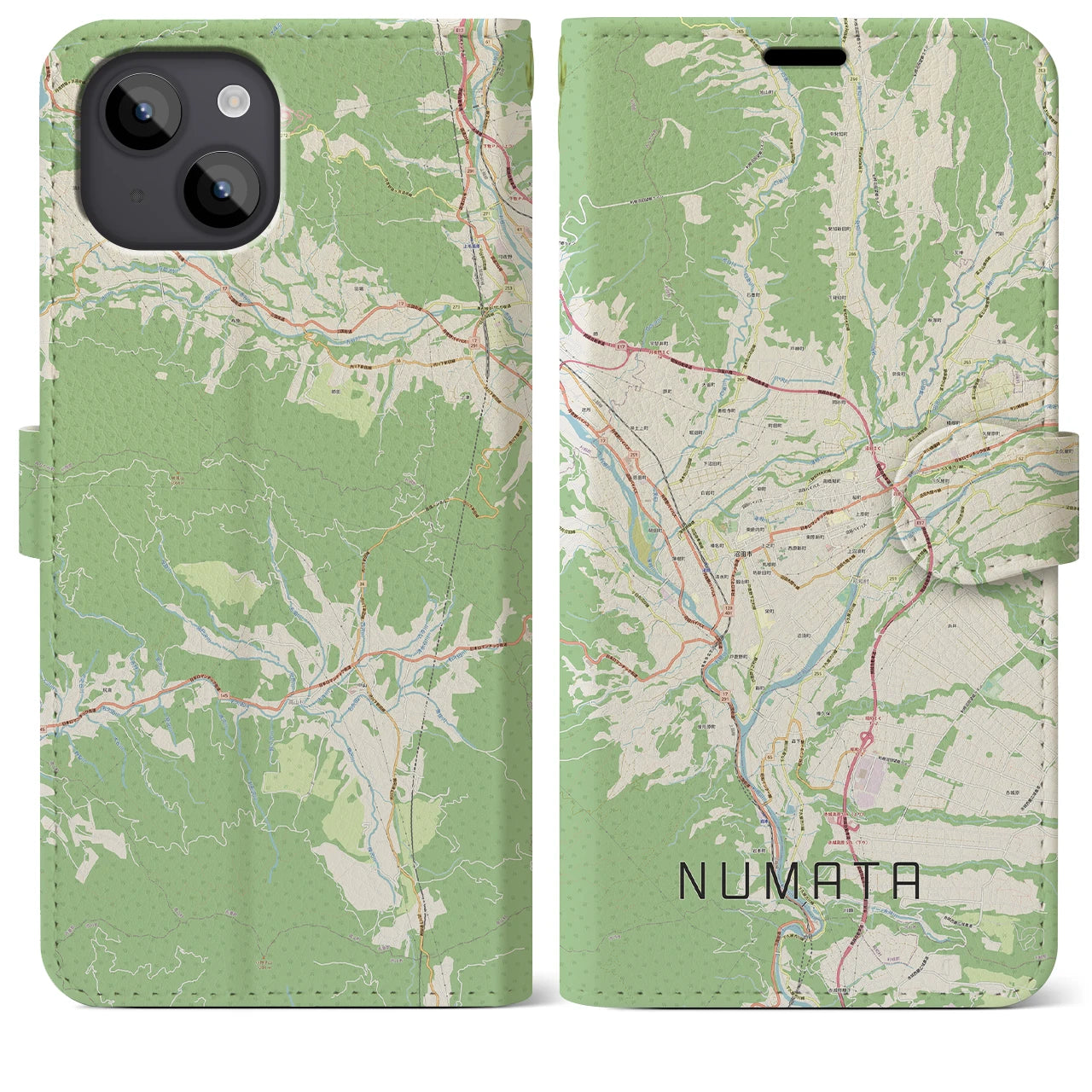【沼田(群馬県)】地図柄iPhoneケース(手帳タイプ)ナチュラル・iPhone 14 Plus 用