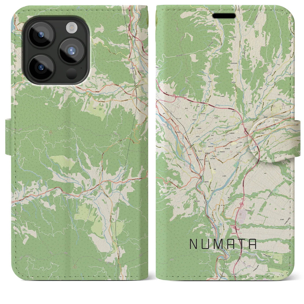 【沼田(群馬県)】地図柄iPhoneケース(手帳タイプ)ナチュラル・iPhone 15 Pro Max 用