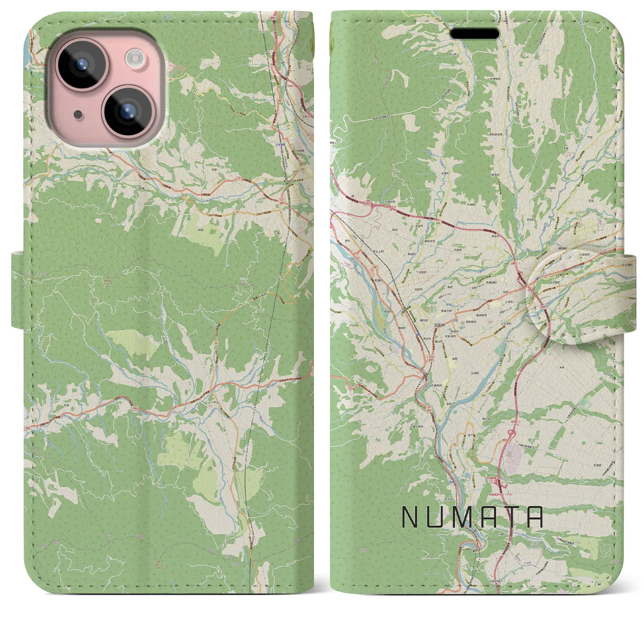【沼田(群馬県)】地図柄iPhoneケース(手帳タイプ)ナチュラル・iPhone 15 Plus 用