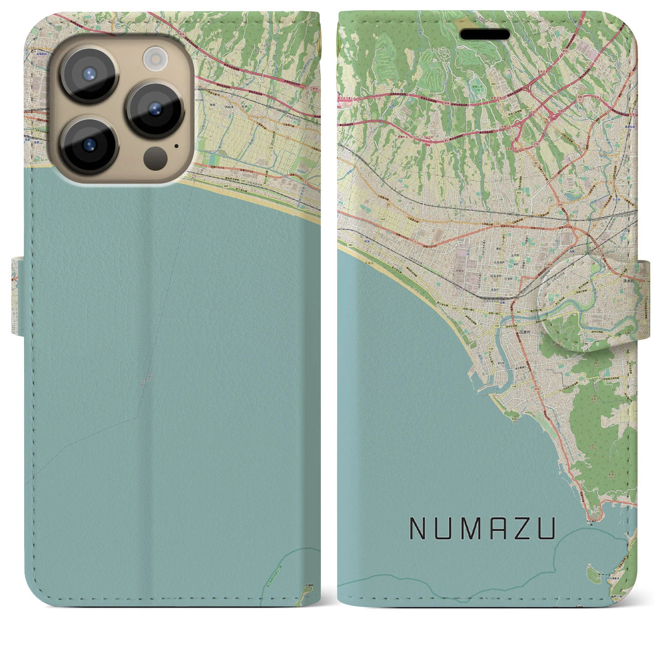 【沼津(静岡県)】地図柄iPhoneケース(手帳タイプ)ナチュラル・iPhone 14 Pro Max 用