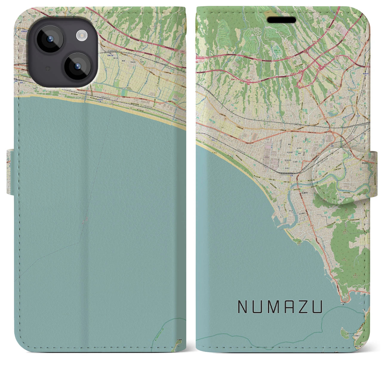 【沼津(静岡県)】地図柄iPhoneケース(手帳タイプ)ナチュラル・iPhone 14 Plus 用