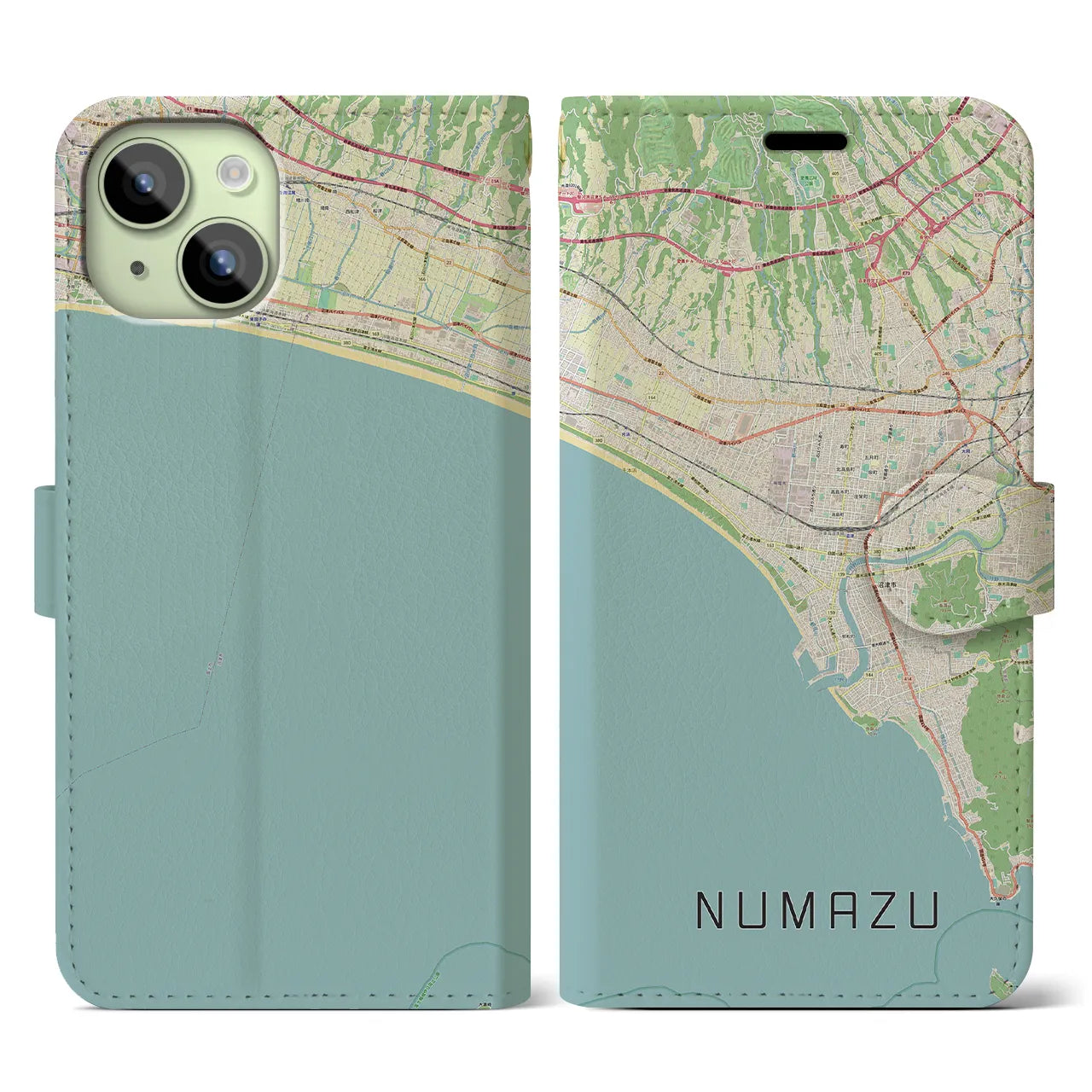 【沼津(静岡県)】地図柄iPhoneケース(手帳タイプ)ナチュラル・iPhone 15 用