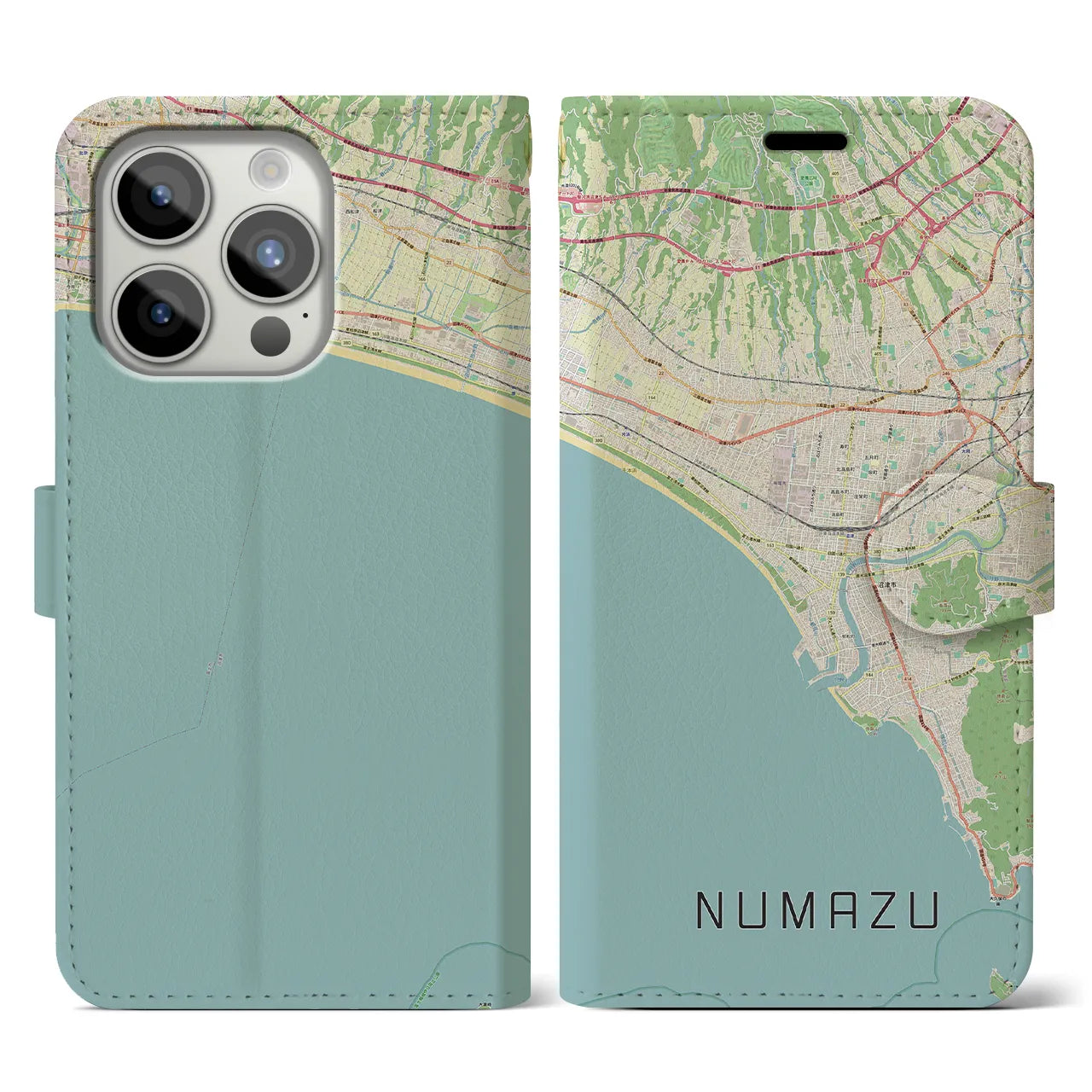 【沼津(静岡県)】地図柄iPhoneケース(手帳タイプ)ナチュラル・iPhone 15 Pro 用