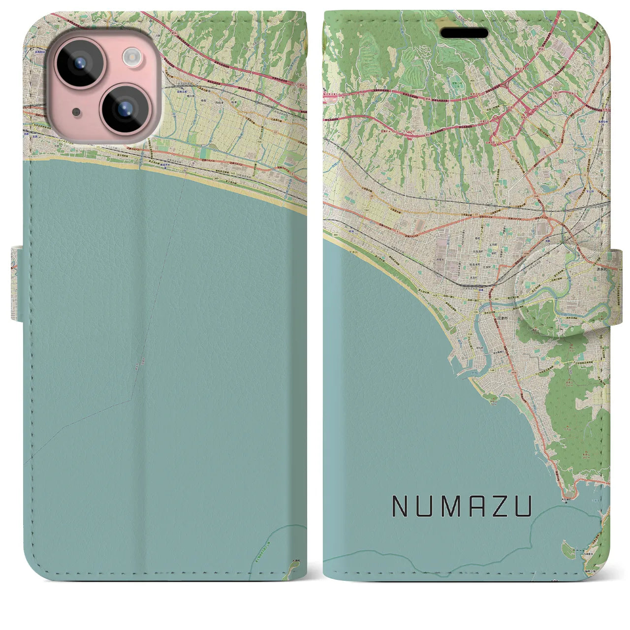 【沼津(静岡県)】地図柄iPhoneケース(手帳タイプ)ナチュラル・iPhone 15 Plus 用