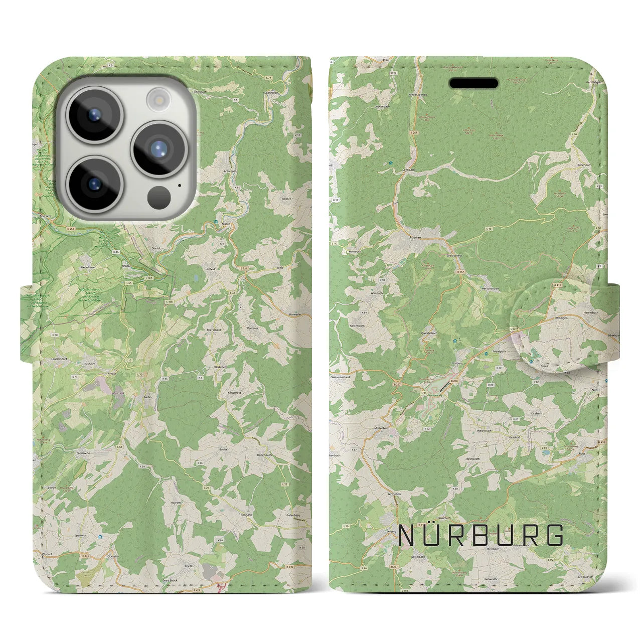 【ニュルブルク(ドイツ)】地図柄iPhoneケース(手帳タイプ)ナチュラル・iPhone 15 Pro 用
