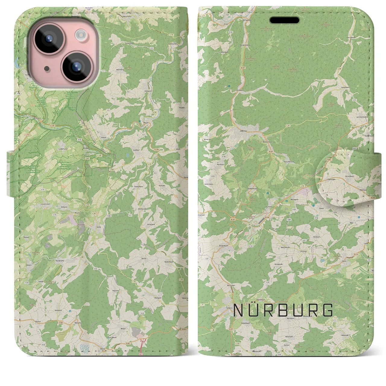 【ニュルブルク(ドイツ)】地図柄iPhoneケース(手帳タイプ)ナチュラル・iPhone 15 Plus 用