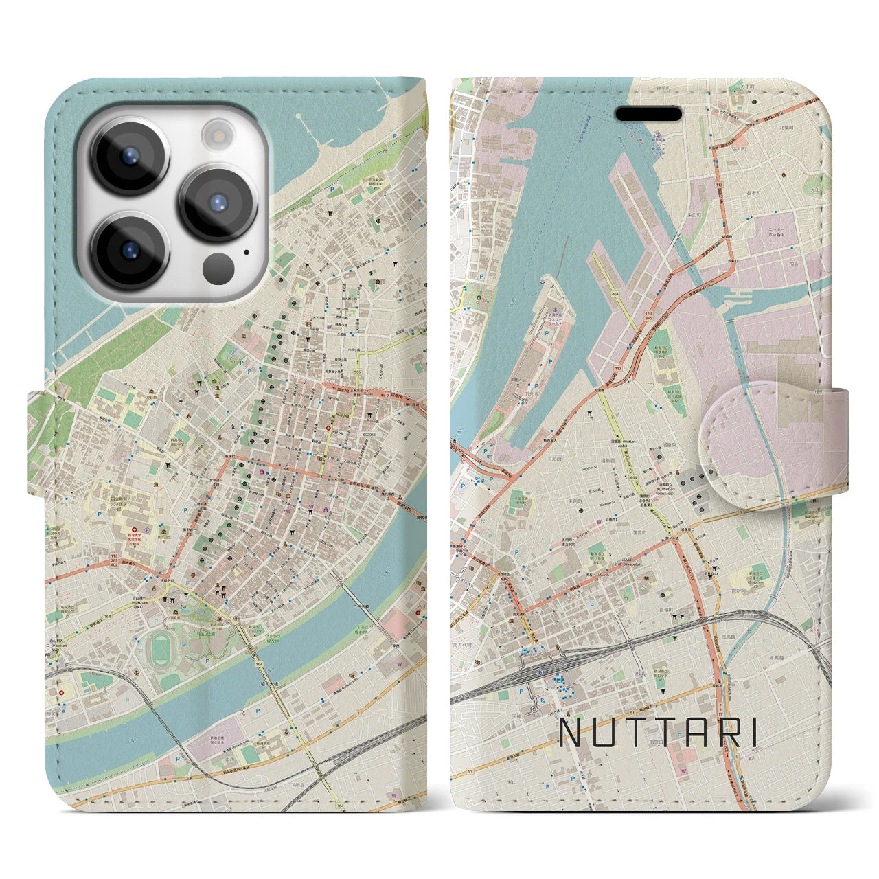 【沼垂(新潟県)】地図柄iPhoneケース(手帳タイプ)ナチュラル・iPhone 14 Pro 用