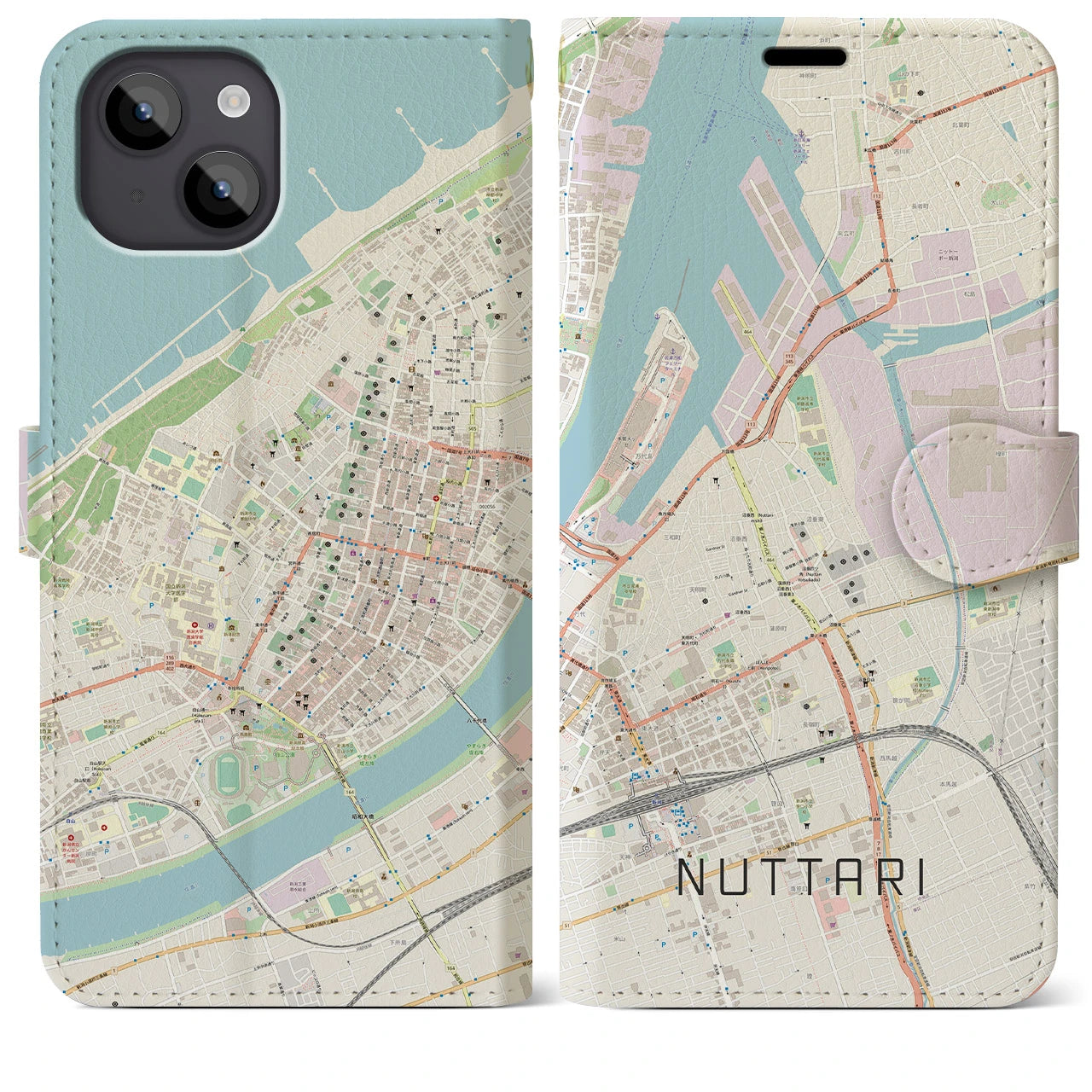 【沼垂(新潟県)】地図柄iPhoneケース(手帳タイプ)ナチュラル・iPhone 14 Plus 用