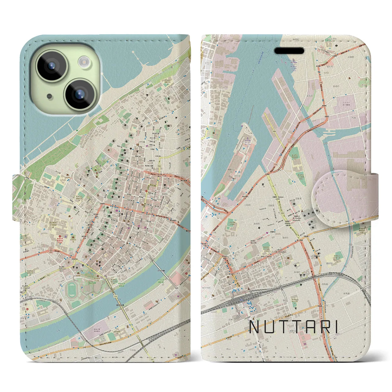 【沼垂(新潟県)】地図柄iPhoneケース(手帳タイプ)ナチュラル・iPhone 15 用
