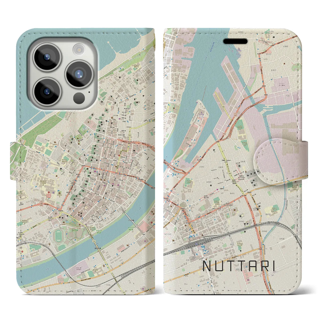 【沼垂(新潟県)】地図柄iPhoneケース(手帳タイプ)ナチュラル・iPhone 15 Pro 用
