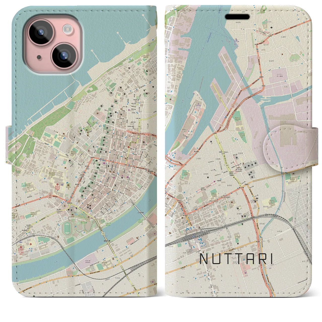 【沼垂(新潟県)】地図柄iPhoneケース(手帳タイプ)ナチュラル・iPhone 15 Plus 用