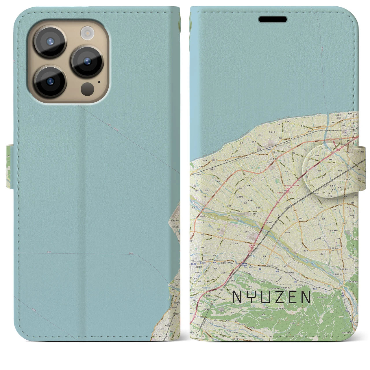 【入善(富山県)】地図柄iPhoneケース(手帳タイプ)ナチュラル・iPhone 14 Pro Max 用