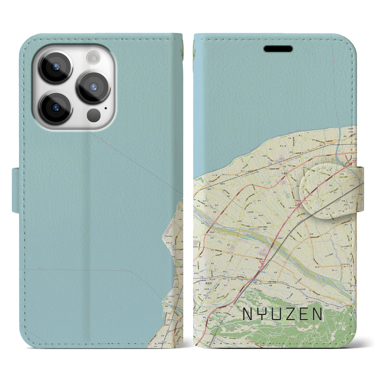 【入善(富山県)】地図柄iPhoneケース(手帳タイプ)ナチュラル・iPhone 14 Pro 用