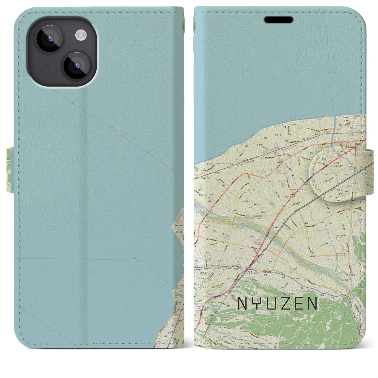 【入善(富山県)】地図柄iPhoneケース(手帳タイプ)ナチュラル・iPhone 14 Plus 用