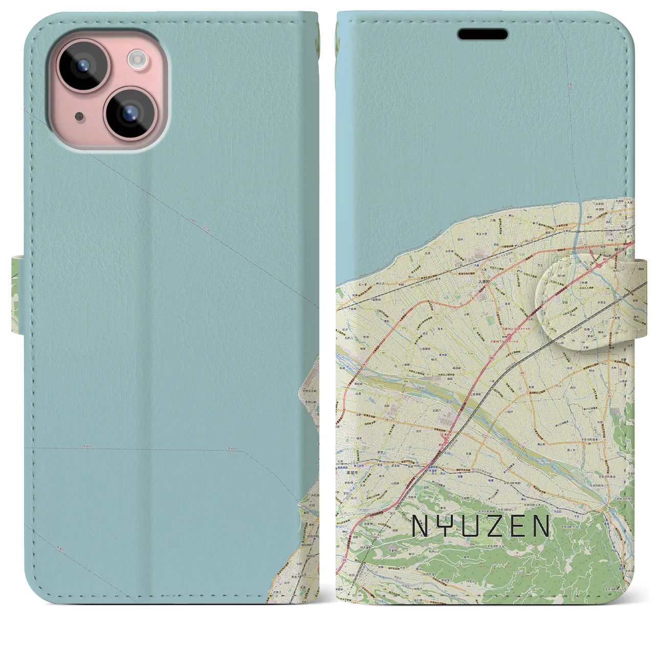 【入善(富山県)】地図柄iPhoneケース(手帳タイプ)ナチュラル・iPhone 15 Plus 用