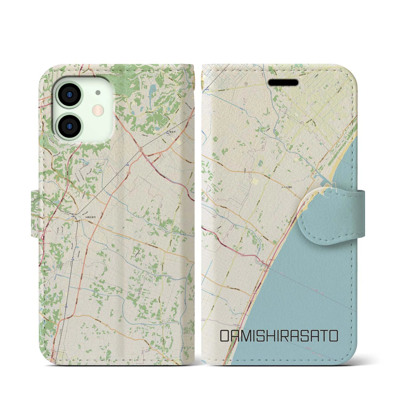 【大網白里(千葉県)】地図柄iPhoneケース(手帳タイプ)ナチュラル・iPhone 12 mini 用