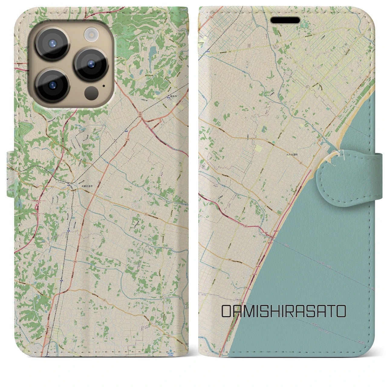 【大網白里(千葉県)】地図柄iPhoneケース(手帳タイプ)ナチュラル・iPhone 14 Pro Max 用