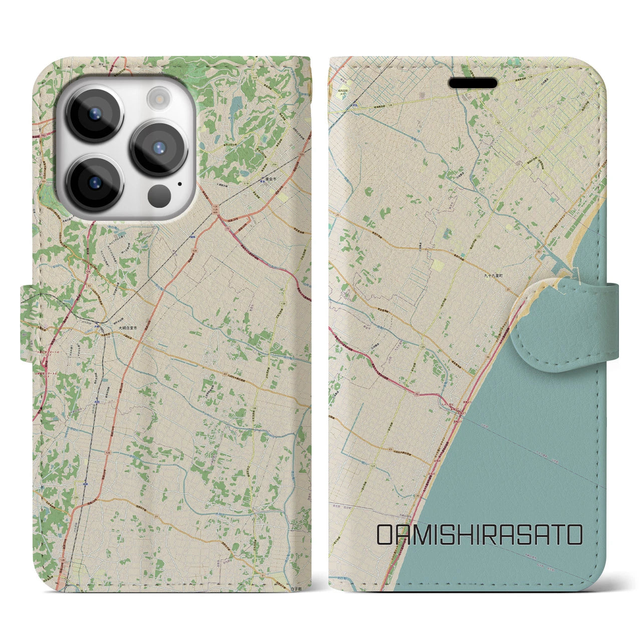 【大網白里(千葉県)】地図柄iPhoneケース(手帳タイプ)ナチュラル・iPhone 14 Pro 用