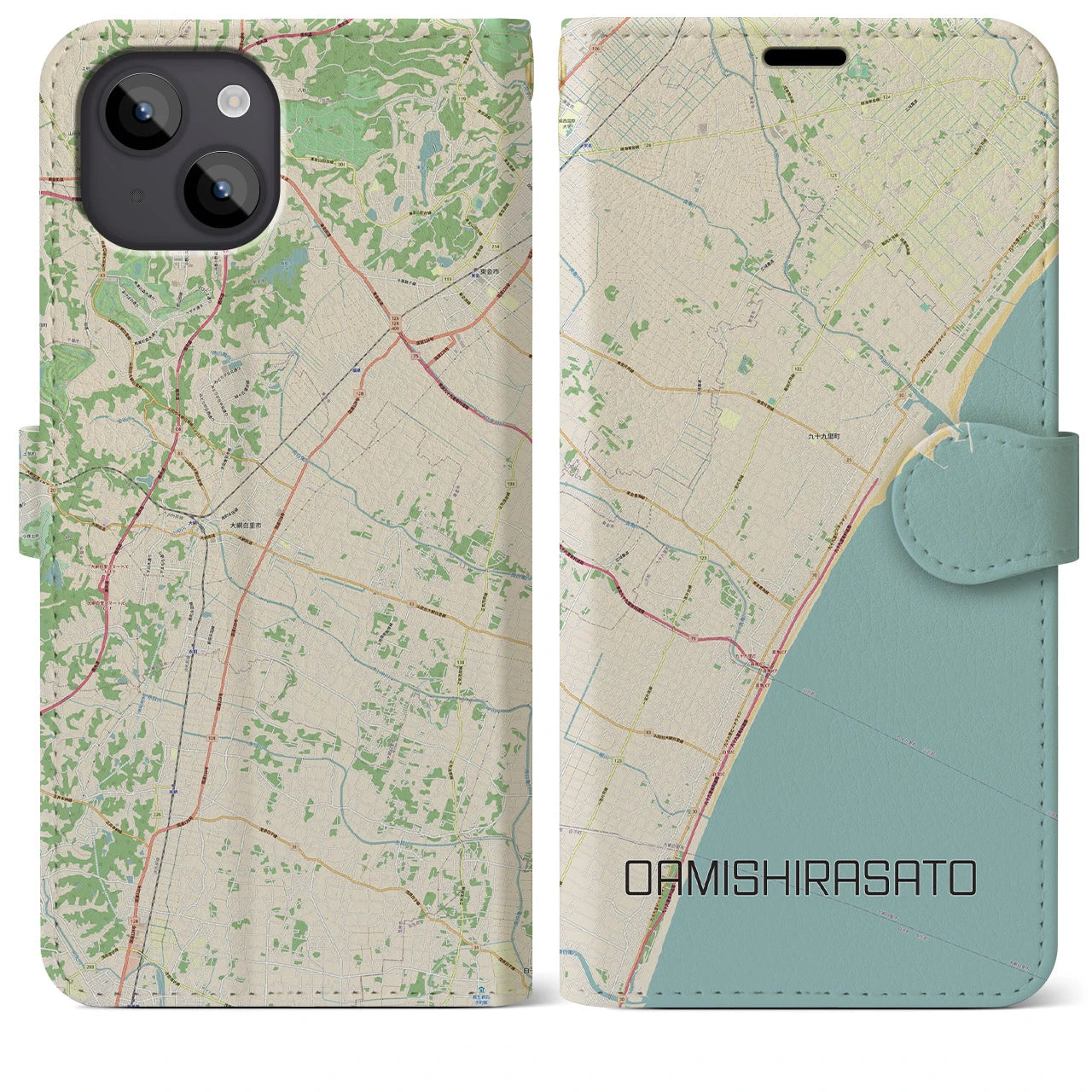 【大網白里(千葉県)】地図柄iPhoneケース(手帳タイプ)ナチュラル・iPhone 14 Plus 用