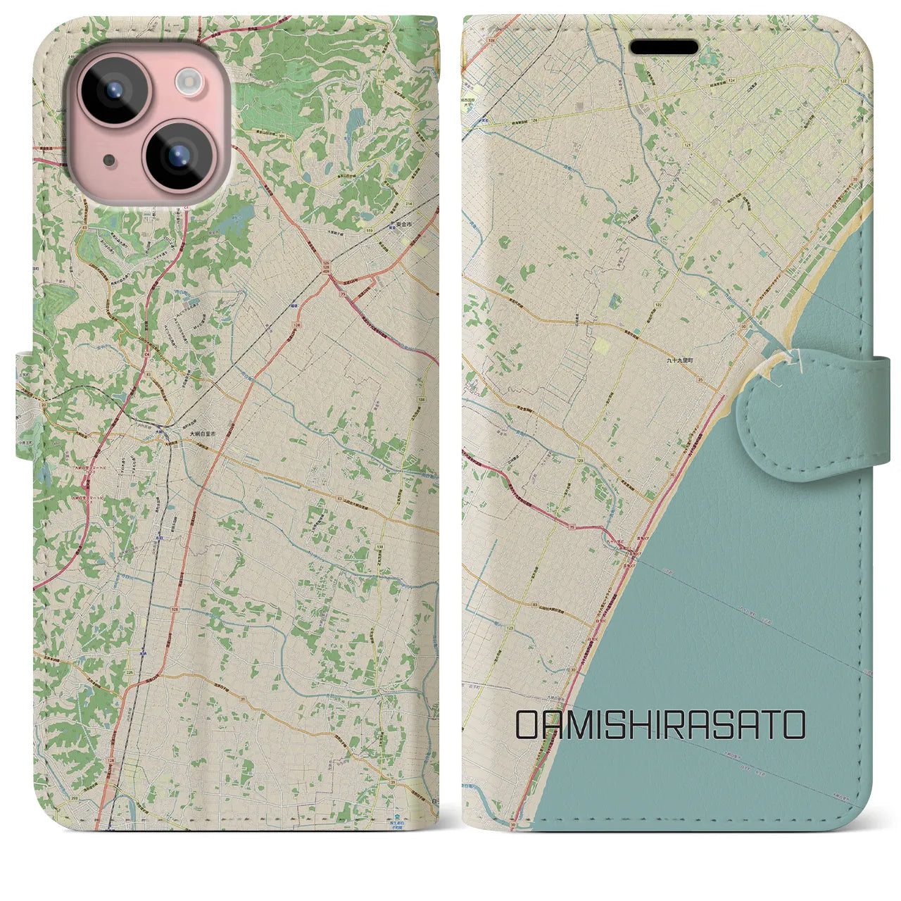 【大網白里(千葉県)】地図柄iPhoneケース(手帳タイプ)ナチュラル・iPhone 15 Plus 用