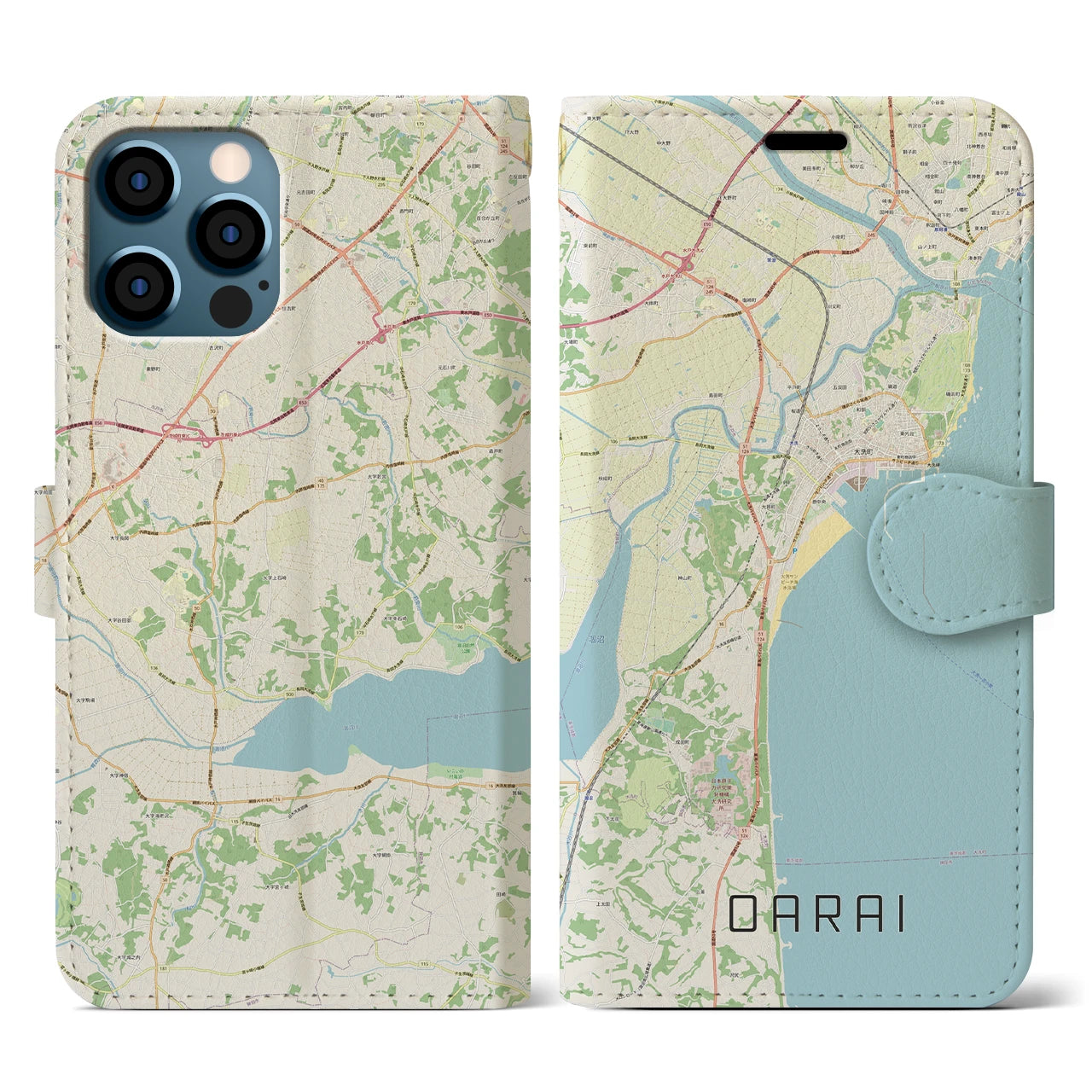 【大洗(茨城県)】地図柄iPhoneケース(手帳タイプ)ナチュラル・iPhone 12 / 12 Pro 用