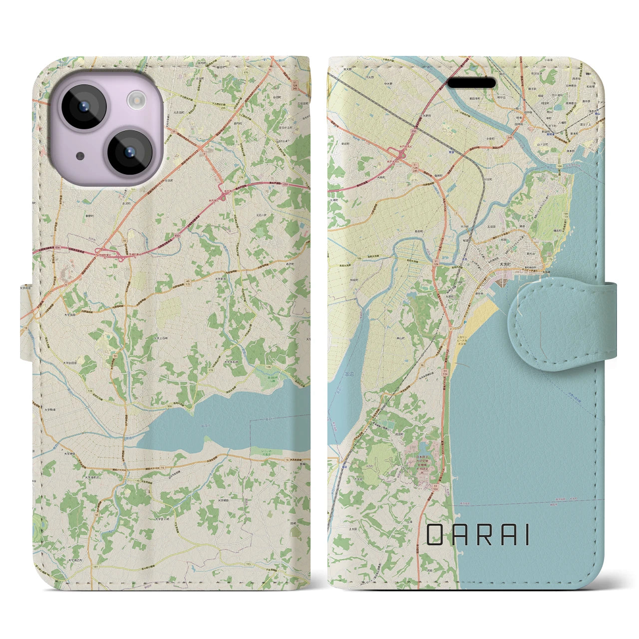 【大洗(茨城県)】地図柄iPhoneケース(手帳タイプ)ナチュラル・iPhone 14 用