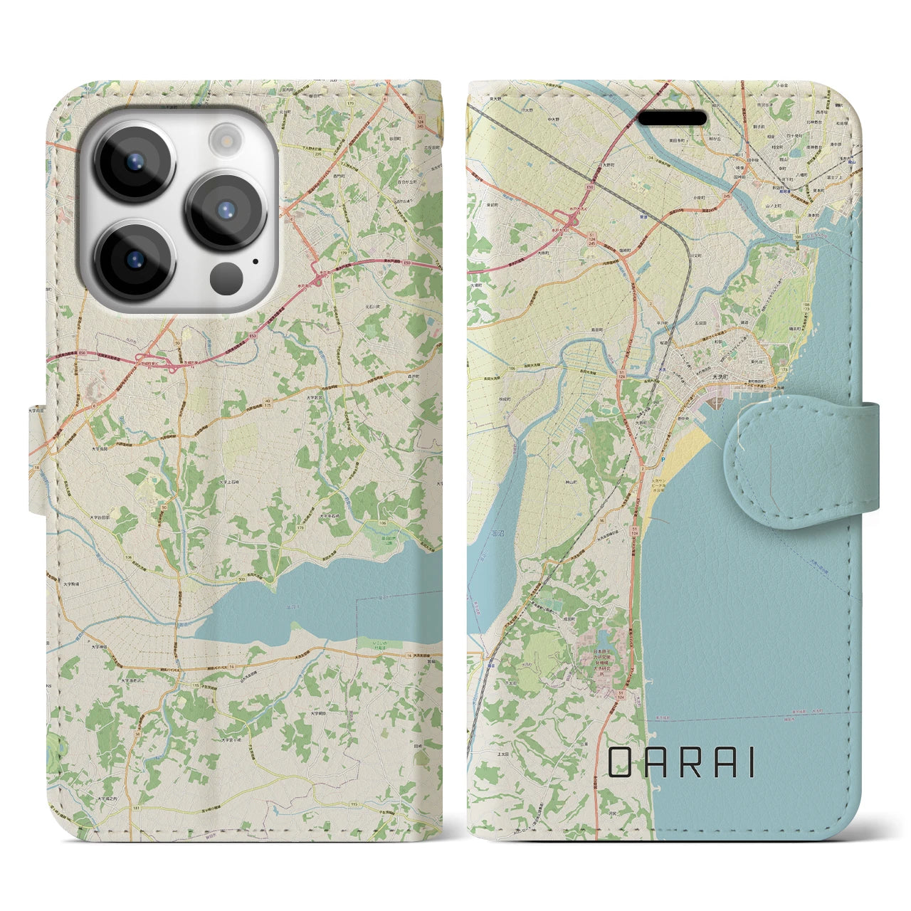 【大洗(茨城県)】地図柄iPhoneケース(手帳タイプ)ナチュラル・iPhone 14 Pro 用