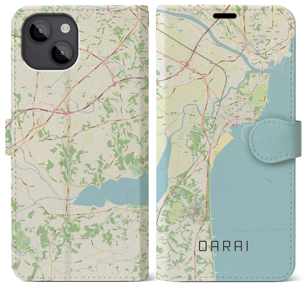 【大洗(茨城県)】地図柄iPhoneケース(手帳タイプ)ナチュラル・iPhone 14 Plus 用