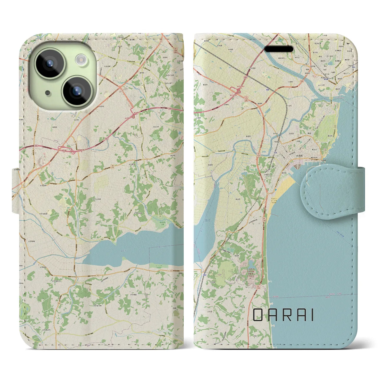 【大洗(茨城県)】地図柄iPhoneケース(手帳タイプ)ナチュラル・iPhone 15 用