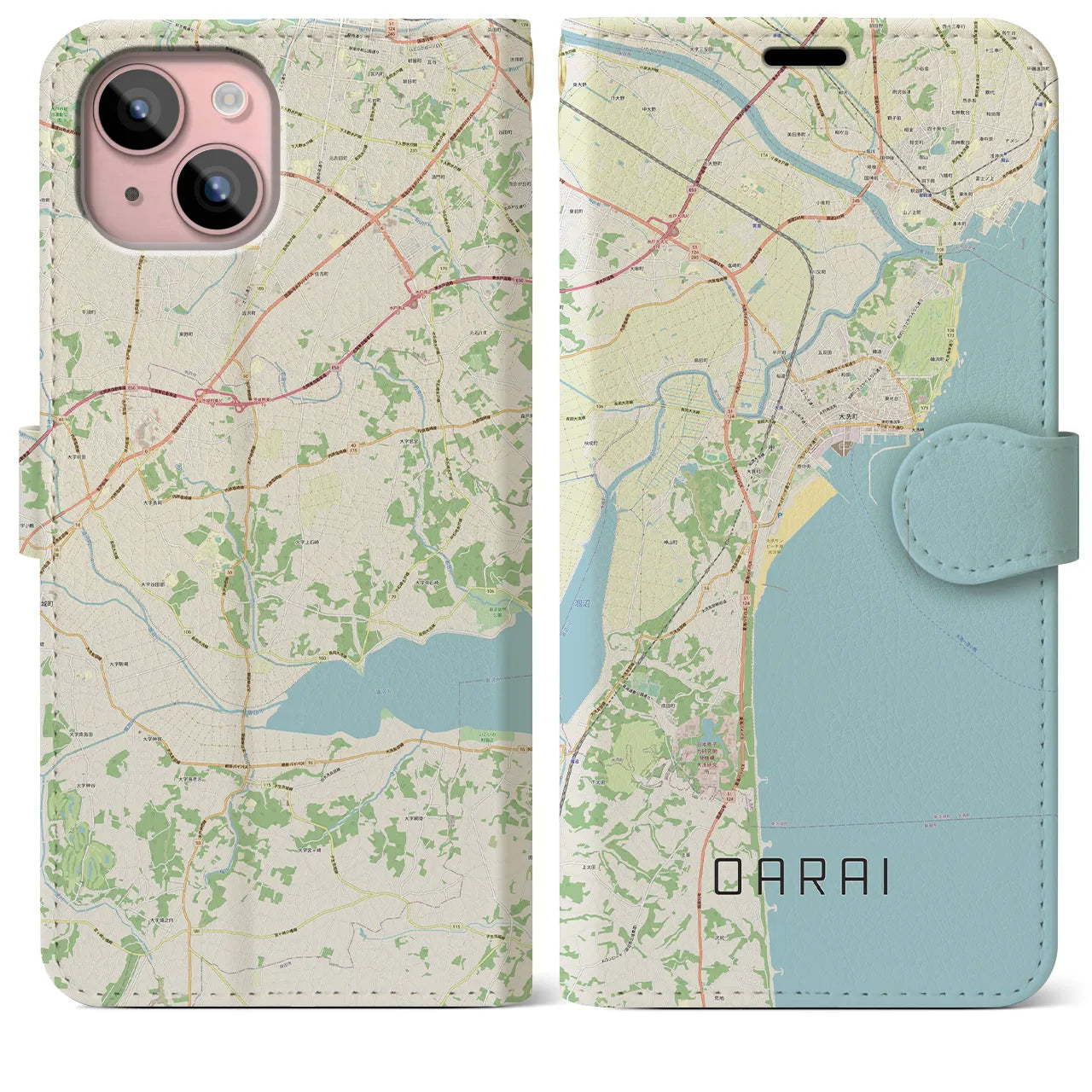 【大洗(茨城県)】地図柄iPhoneケース(手帳タイプ)ナチュラル・iPhone 15 Plus 用