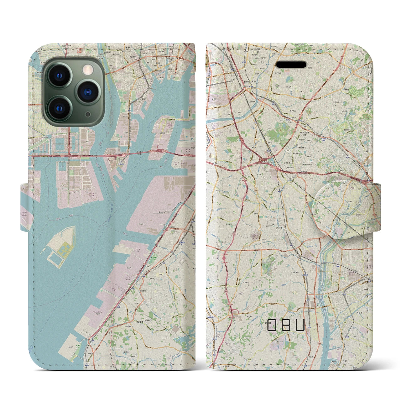 【大府(愛知県)】地図柄iPhoneケース(手帳タイプ)ナチュラル・iPhone 11 Pro 用