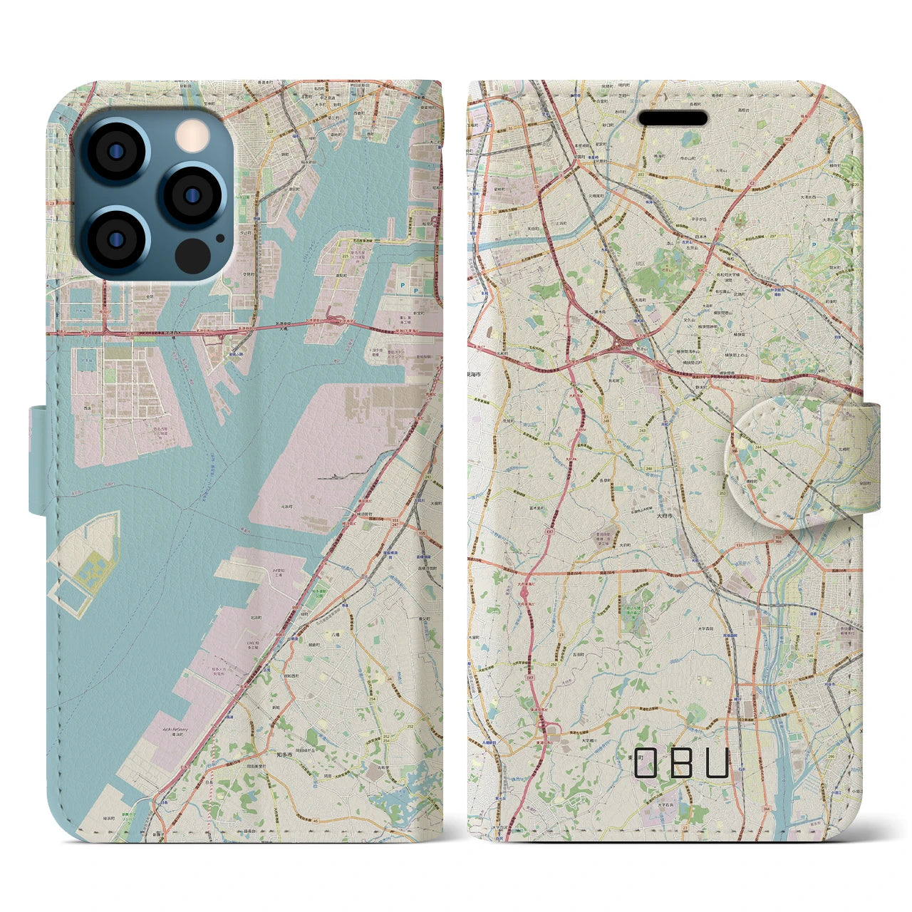 【大府(愛知県)】地図柄iPhoneケース(手帳タイプ)ナチュラル・iPhone 12 / 12 Pro 用
