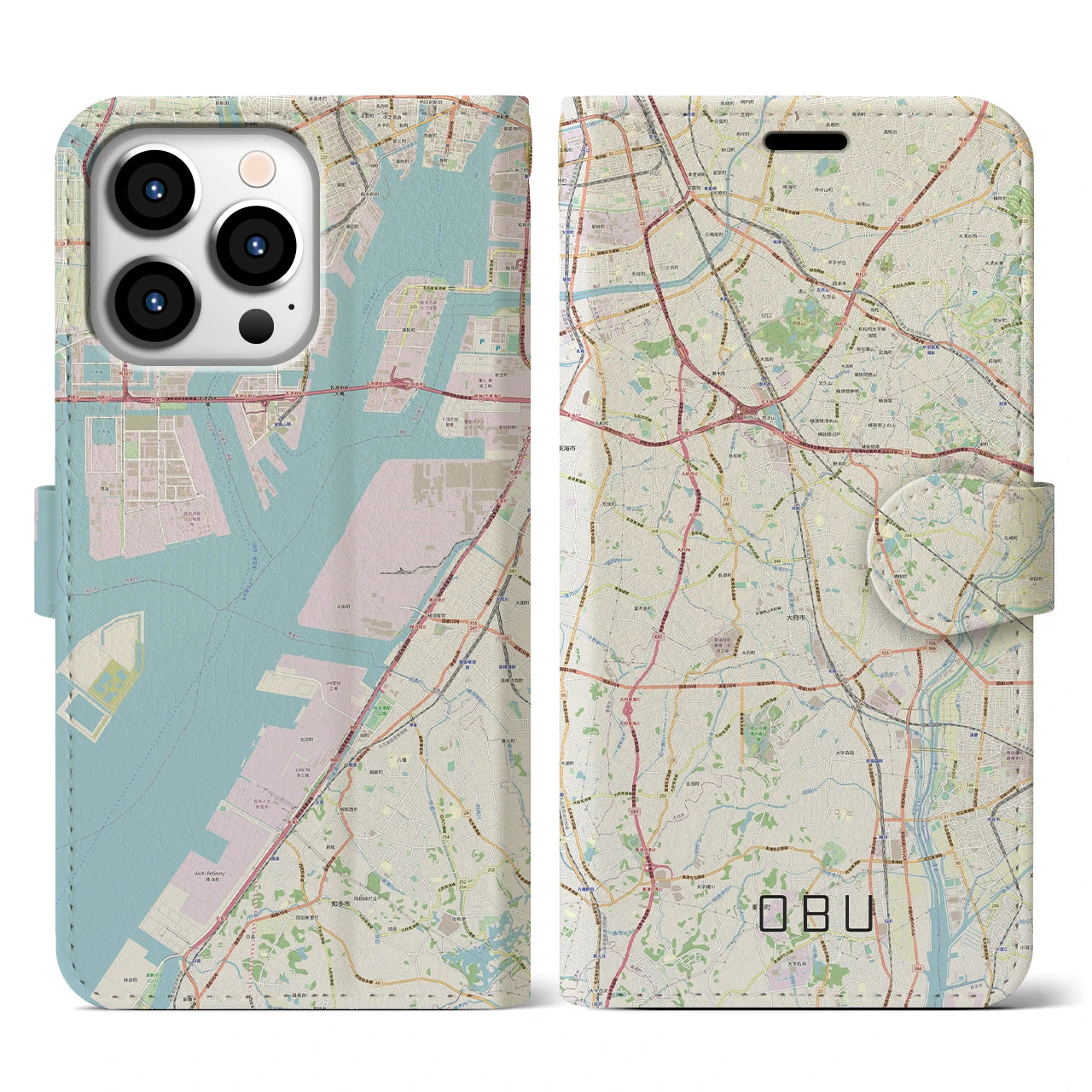 【大府(愛知県)】地図柄iPhoneケース(手帳タイプ)ナチュラル・iPhone 13 Pro 用