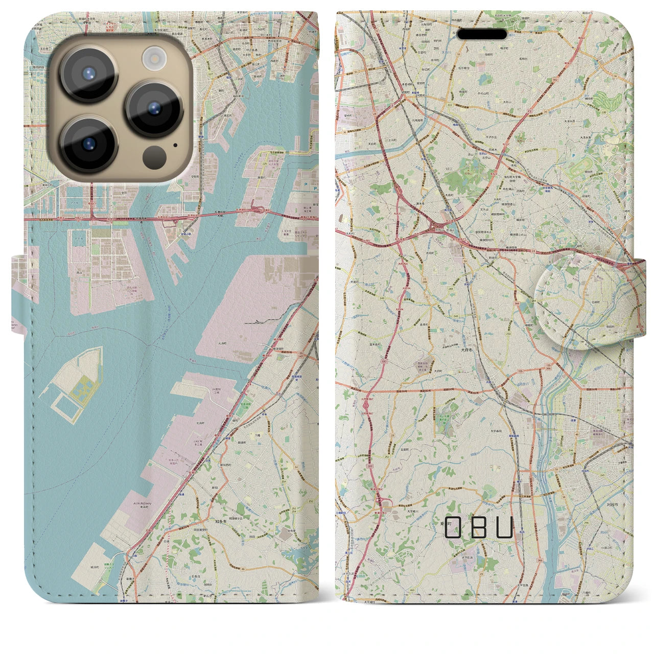 【大府(愛知県)】地図柄iPhoneケース(手帳タイプ)ナチュラル・iPhone 14 Pro Max 用