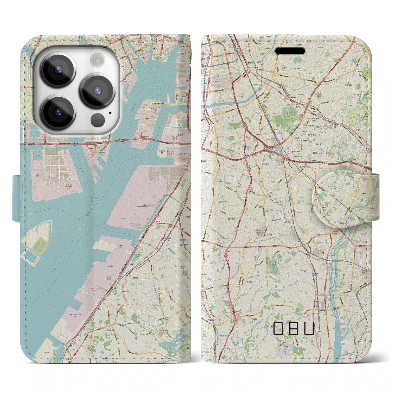 【大府(愛知県)】地図柄iPhoneケース(手帳タイプ)ナチュラル・iPhone 14 Pro 用