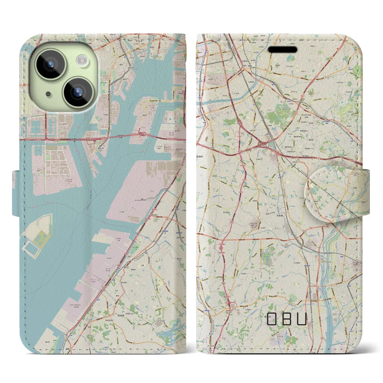 【大府(愛知県)】地図柄iPhoneケース(手帳タイプ)ナチュラル・iPhone 15 用