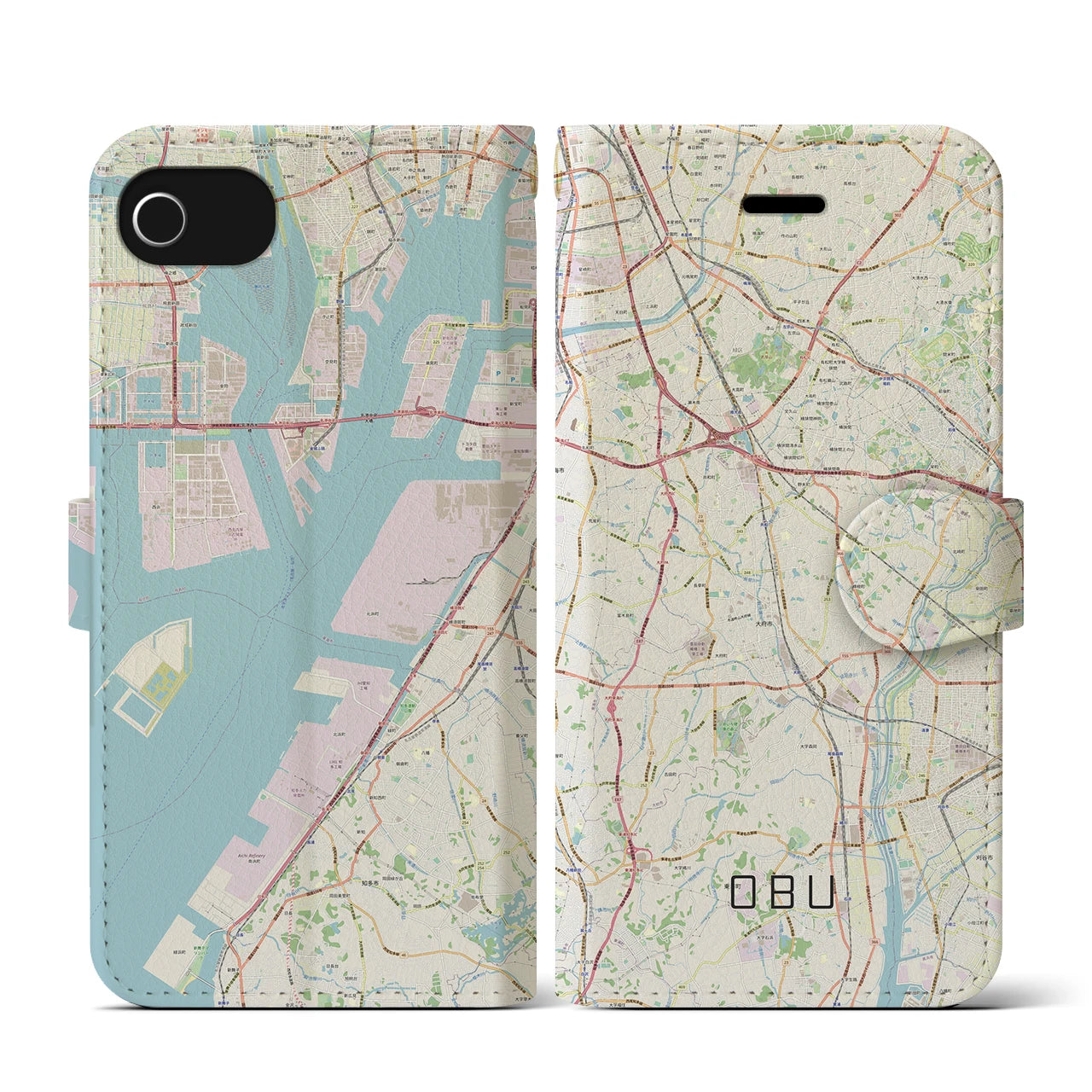 【大府(愛知県)】地図柄iPhoneケース(手帳タイプ)ナチュラル・iPhone SE(第3 / 第2世代) / 8 / 7 / 6s / 6 用