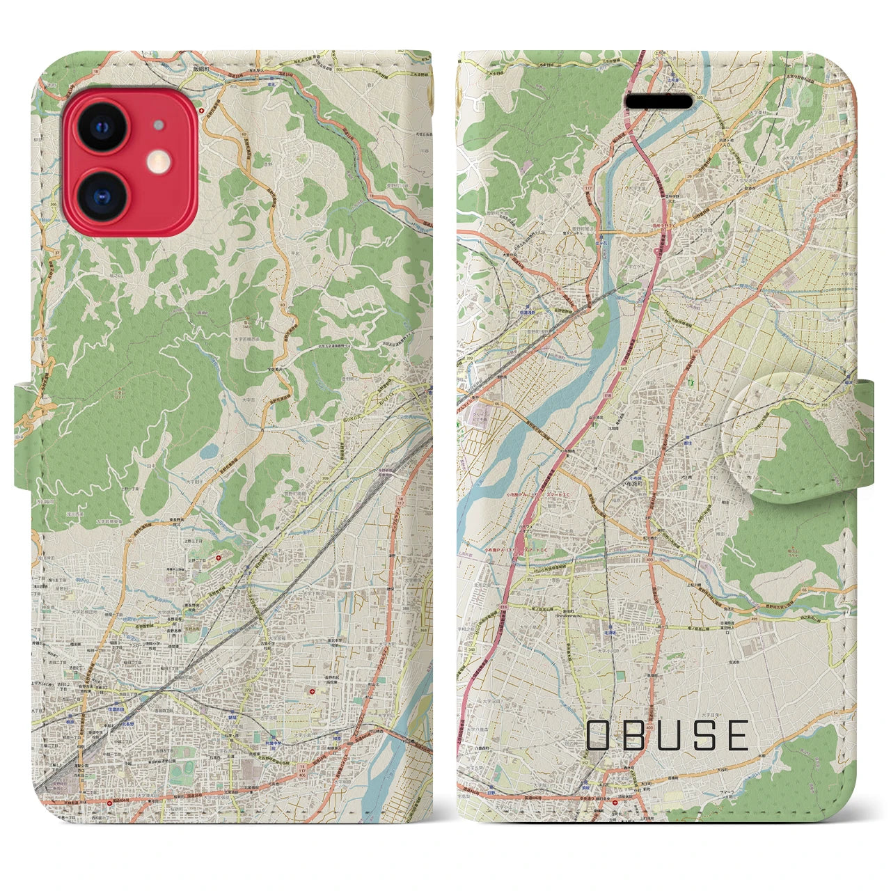 【小布施(長野県)】地図柄iPhoneケース(手帳タイプ)ナチュラル・iPhone 11 用