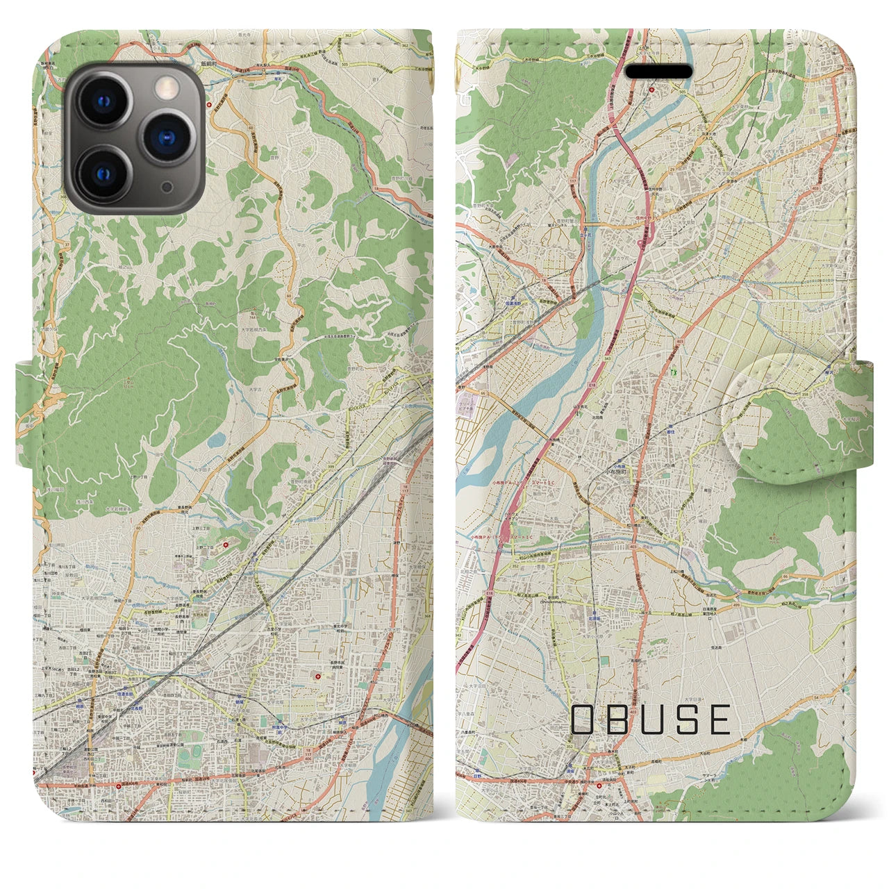 【小布施(長野県)】地図柄iPhoneケース(手帳タイプ)ナチュラル・iPhone 11 Pro Max 用