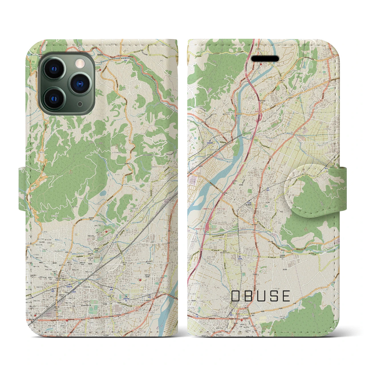 【小布施(長野県)】地図柄iPhoneケース(手帳タイプ)ナチュラル・iPhone 11 Pro 用