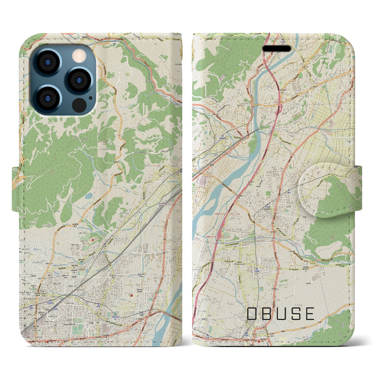 【小布施(長野県)】地図柄iPhoneケース(手帳タイプ)ナチュラル・iPhone 12 / 12 Pro 用