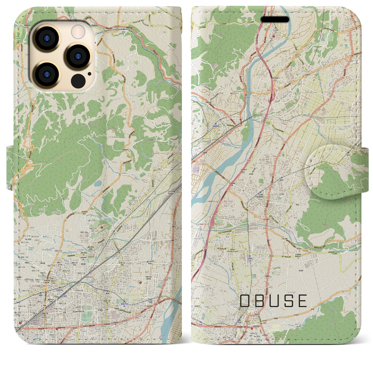 【小布施(長野県)】地図柄iPhoneケース(手帳タイプ)ナチュラル・iPhone 12 Pro Max 用