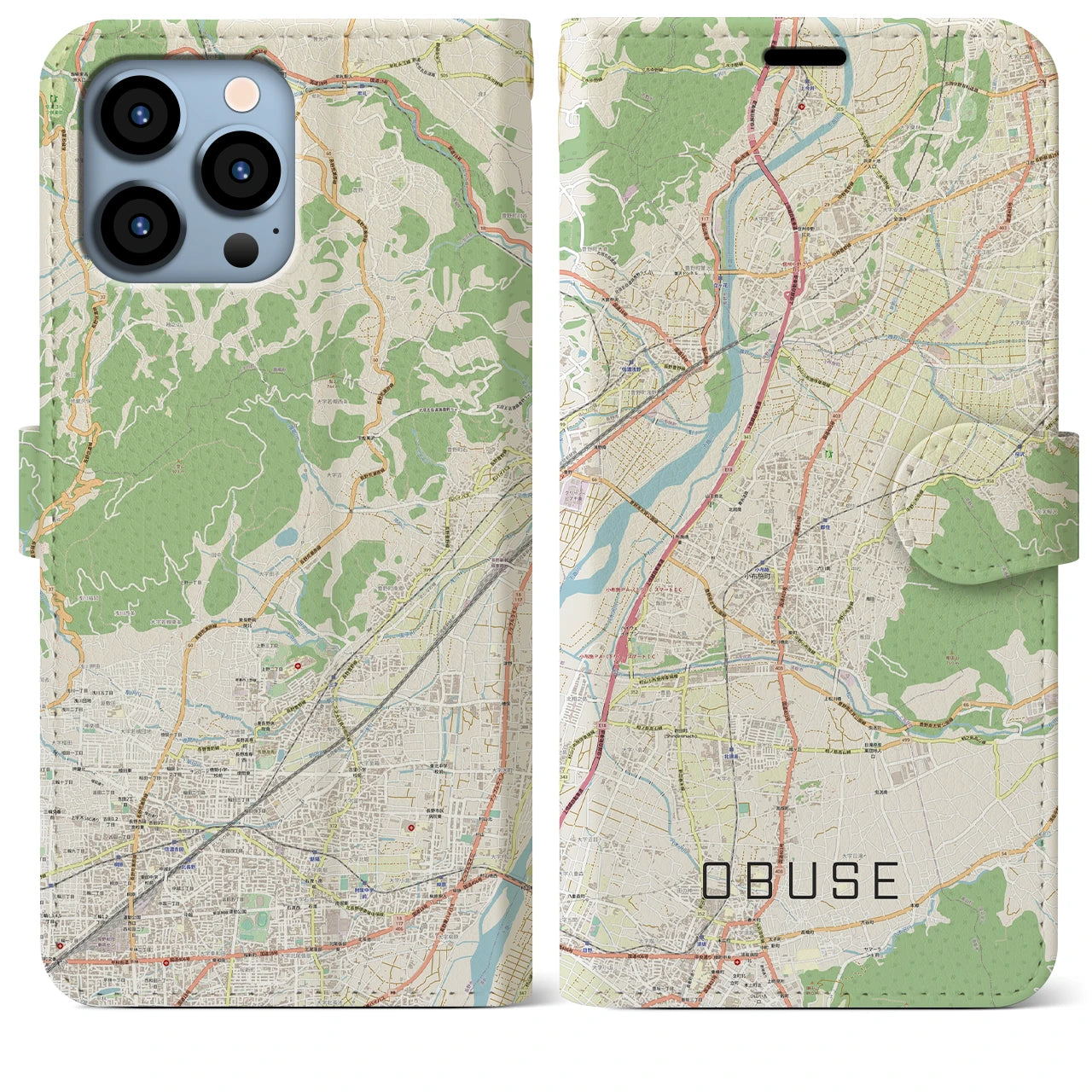 【小布施(長野県)】地図柄iPhoneケース(手帳タイプ)ナチュラル・iPhone 13 Pro Max 用
