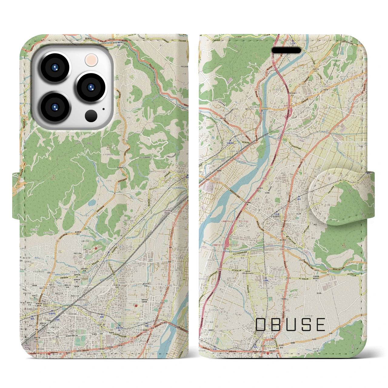 【小布施(長野県)】地図柄iPhoneケース(手帳タイプ)ナチュラル・iPhone 13 Pro 用